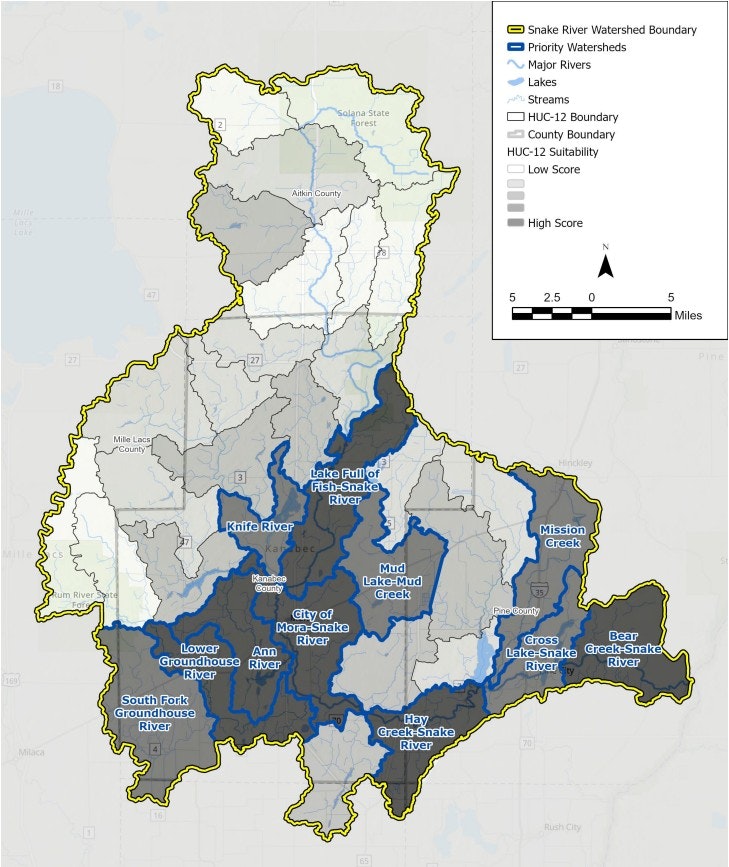 Map of the Snake River Watershed, showing priority watersheds, rivers, lakes, streams, boundaries, and suitability scores.