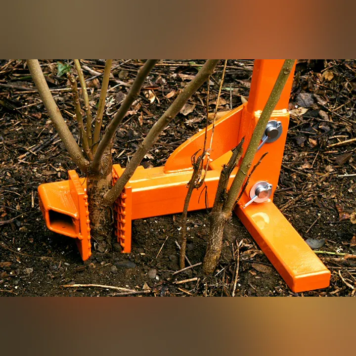 An orange tree puller device gripping a plant by the roots in the soil, surrounded by foliage and branches.