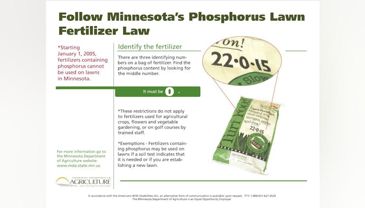 Minnesota law prohibits phosphorus fertilizer on lawns unless exceptions apply. Fertilizers must have a middle number of 0.