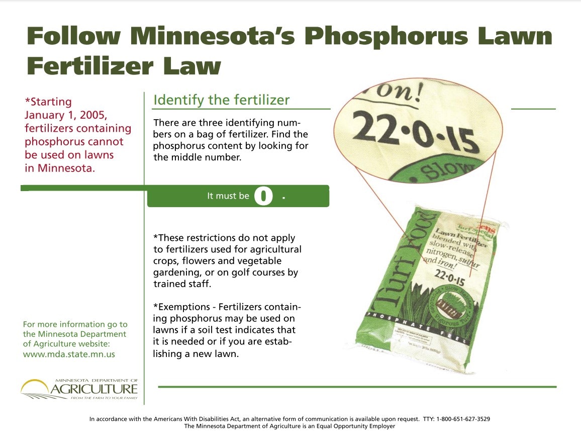 Minnesota law prohibits phosphorus fertilizer on lawns unless exceptions apply. Fertilizers must have a middle number of 0.