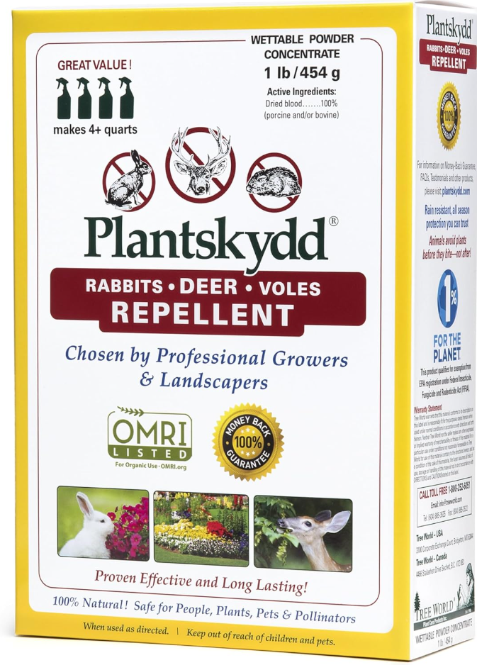 Box of Plantskydd repellent for rabbits, deer, voles. OMRI listed, effective, natural, safe for plants and pets, makes 4+ quarts.