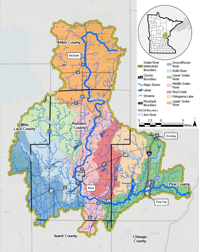 Map of Snake River Watershed, Minnesota, showing counties, rivers, lakes, and watershed boundary in various colors.