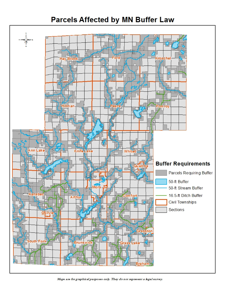 Map showing areas of Kanabec County affected by the Buffer Law, with parcels requiring buffers and buffer zone sizes marked.