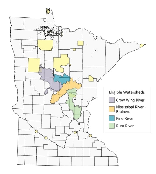 Map of Minnesota showing eligible watersheds: Crow Wing River, Mississippi River-Brainerd, Pine River, and Rum River.