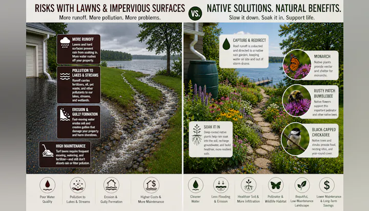 The image contrasts the negative impacts of traditional lawns with the benefits of native landscaping solutions for water management and ecology.
