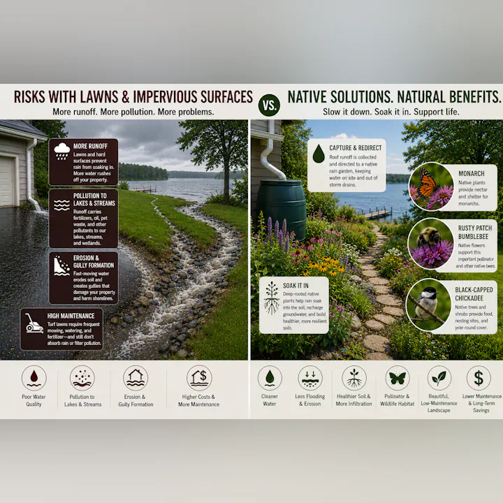 The image contrasts the negative impacts of traditional lawns with the benefits of native landscaping solutions for water management and ecology.