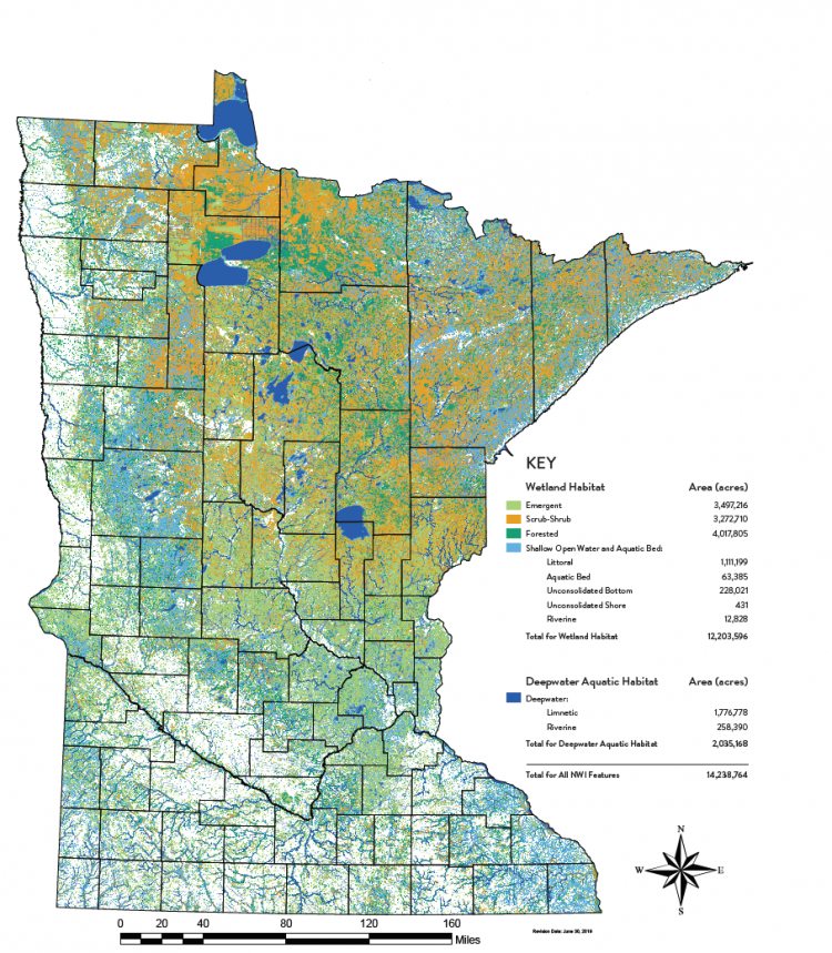 Map of Minnesota showing wetland and deepwater habitats with areas in acres, color-coded by type.