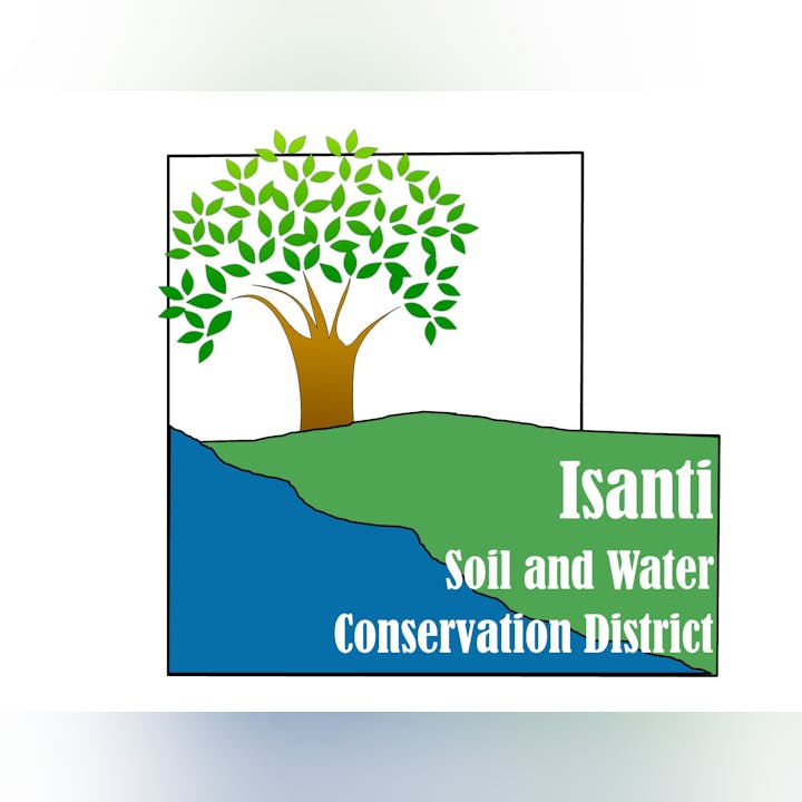 Tree above green and blue terrain with the text "Isanti Soil and Water Conservation District."