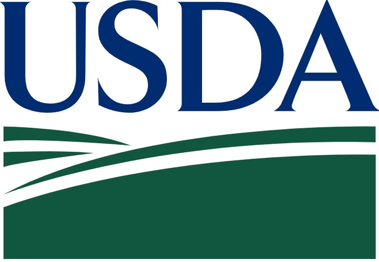 USDA logo with stylized green fields and blue letters.