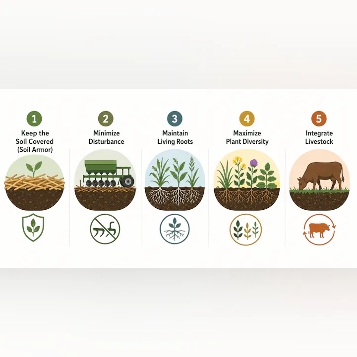 The image outlines five principles for soil health: keep soil covered, minimize disturbance, maintain living roots, maximize diversity, and integrate livestock.