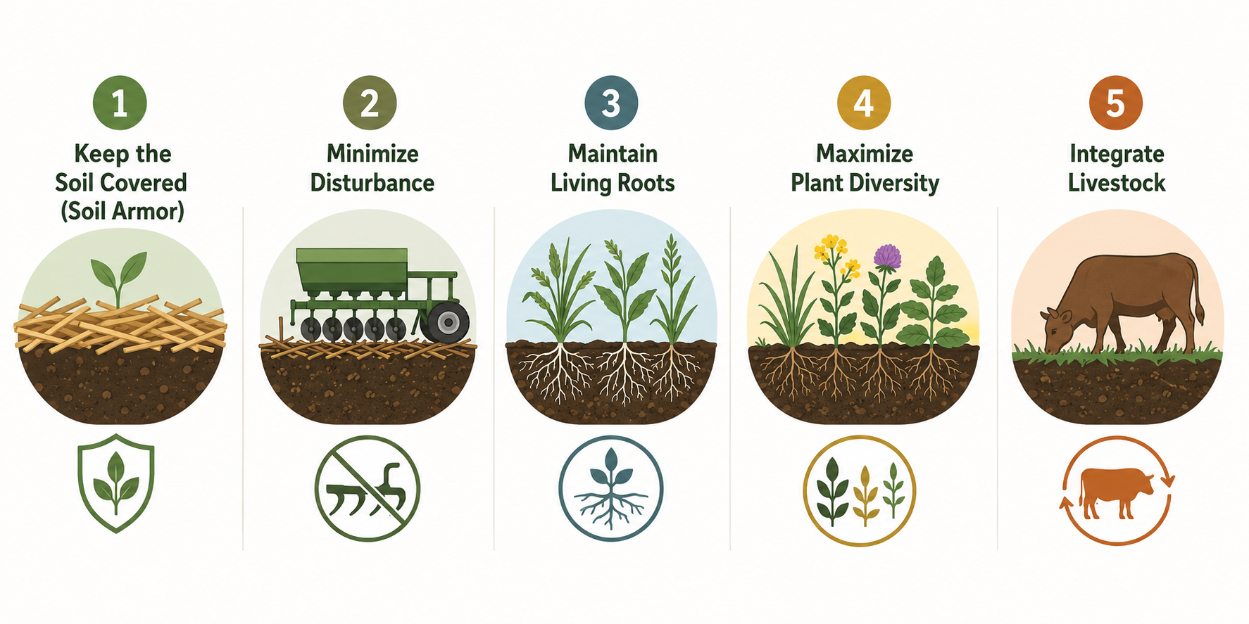 The image outlines five principles for soil health: keep soil covered, minimize disturbance, maintain living roots, maximize diversity, and integrate livestock.