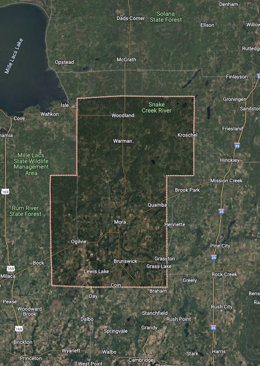 A satellite map image showing Mille Lacs Lake, forests, and various towns in Kanabec County, Minnesota.