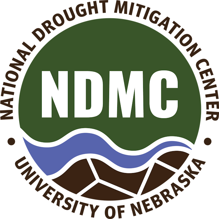 Logo of the National Drought Mitigation Center, University of Nebraska, featuring NDMC initials, waves, and parched ground.