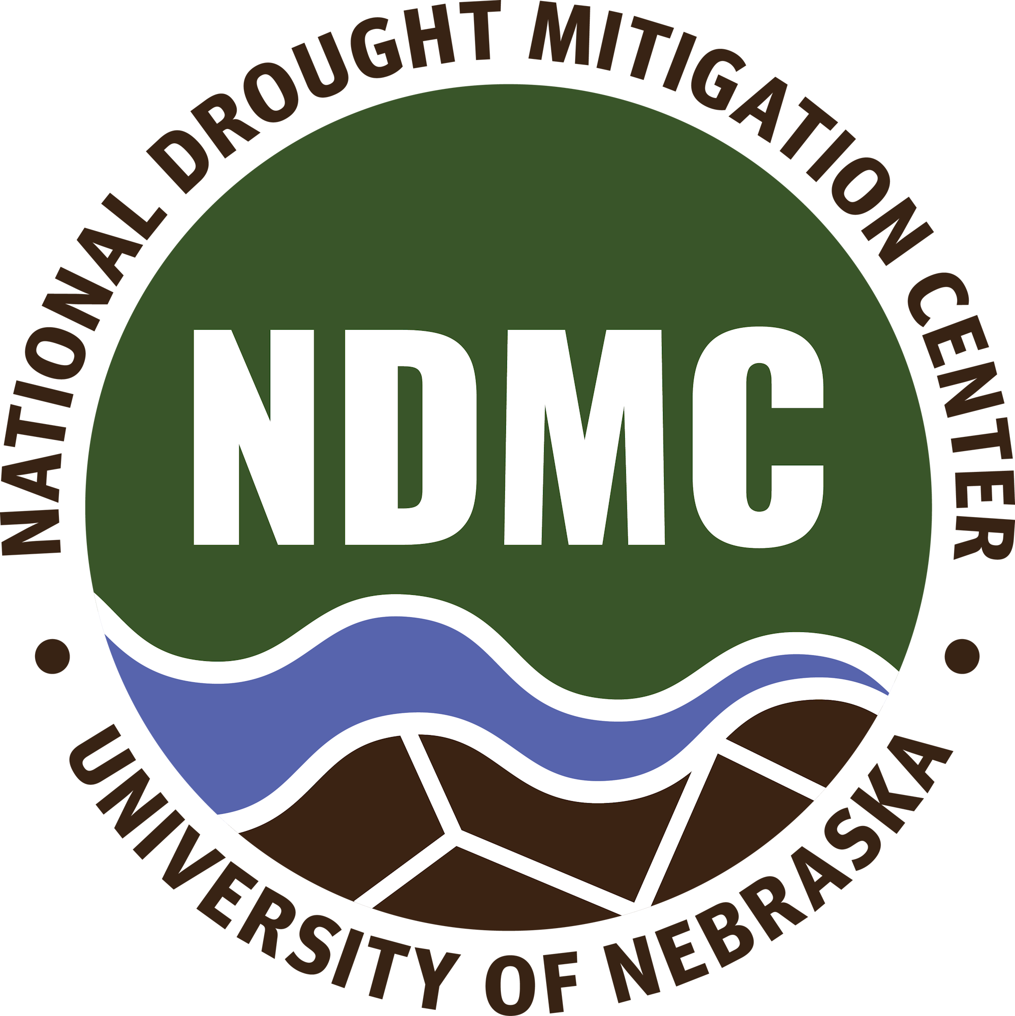 Logo of the National Drought Mitigation Center, University of Nebraska, featuring NDMC initials, waves, and parched ground.