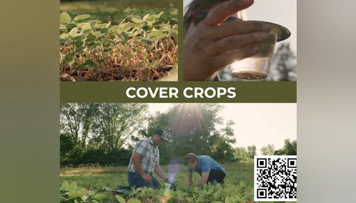 The image features cover crops, hands measuring water quality, and farmers working in a field.