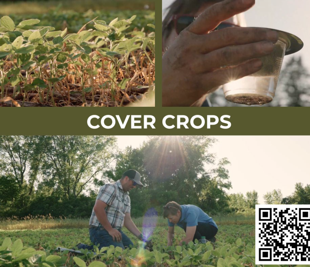 The image features cover crops, hands measuring water quality, and farmers working in a field.