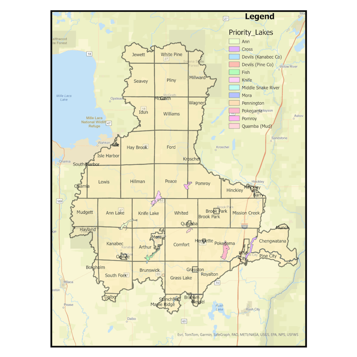 Map of the Snake River Watershed showing highlighted priority lakes and townships with a legend indicating lake names.