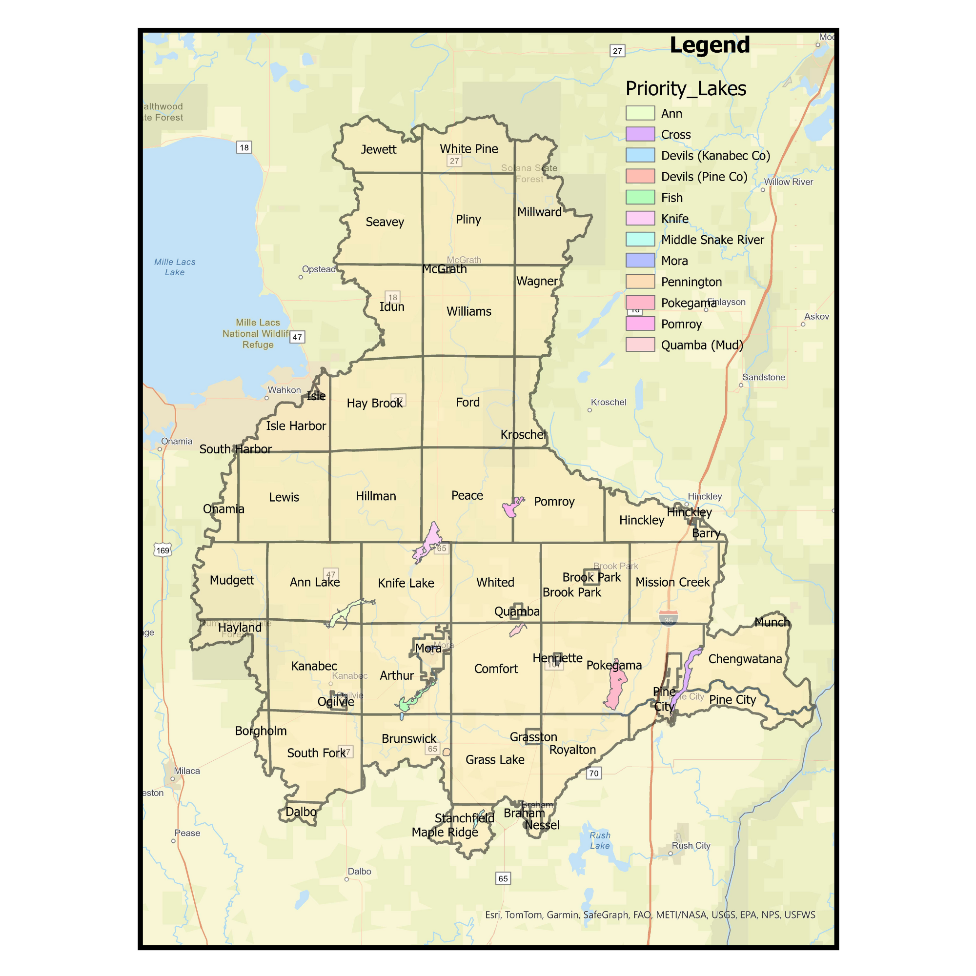 Map of the Snake River Watershed showing highlighted priority lakes and townships with a legend indicating lake names.