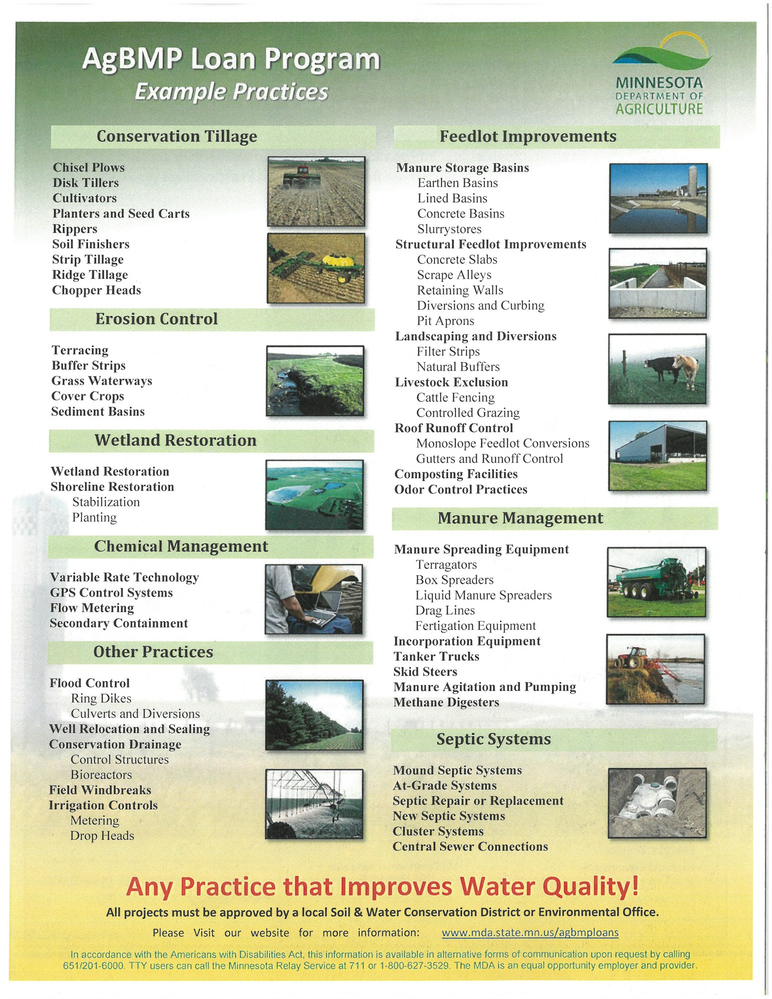 AgBMP Loan Program practices for water quality: conservation tillage, erosion control, manure management, septic systems, and more. Minnesota Dept. of Ag.