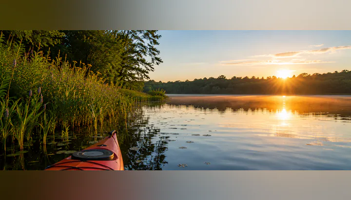A serene lake scene at sunrise, featuring lush greenery and a kayak, reflecting golden light on calm waters.