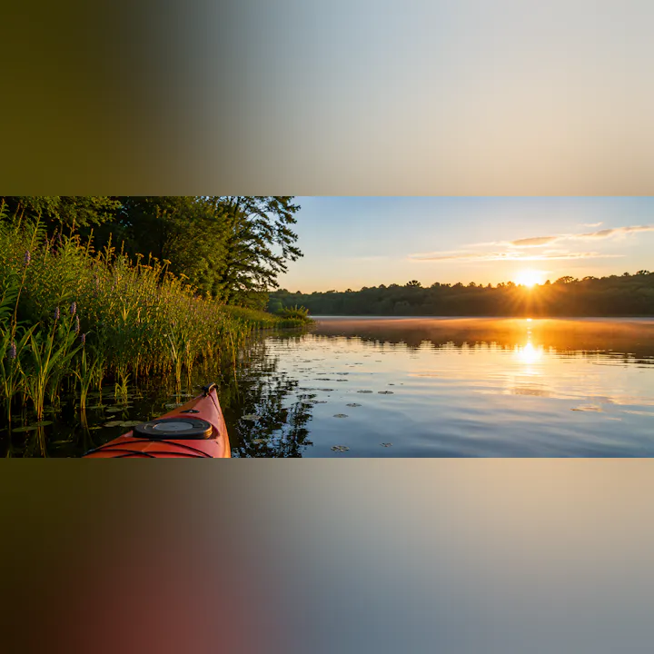 A serene lake scene at sunrise, featuring lush greenery and a kayak, reflecting golden light on calm waters.