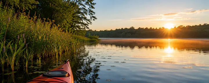 A serene lake scene at sunrise, featuring lush greenery and a kayak, reflecting golden light on calm waters.