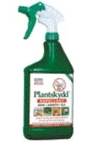 A bottle of Plantskydd repellent with a spray nozzle, labeled for deer resistance.
