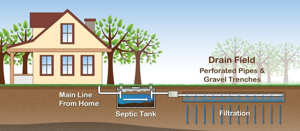 Diagram of a septic system: house, main line, septic tank, drain field with perforated pipes and gravel trenches for filtration.
