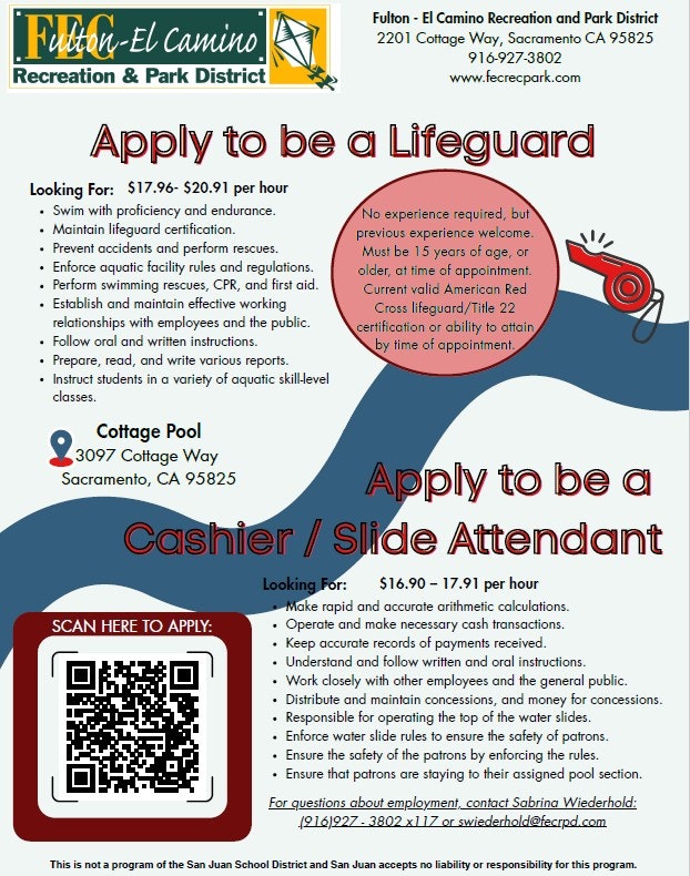 Job postings for Lifeguards ($17.96-$20.91/hr) and Cashiers/Slide Attendants ($16.90-$17.91/hr) at Cottage Pool, Sacramento.