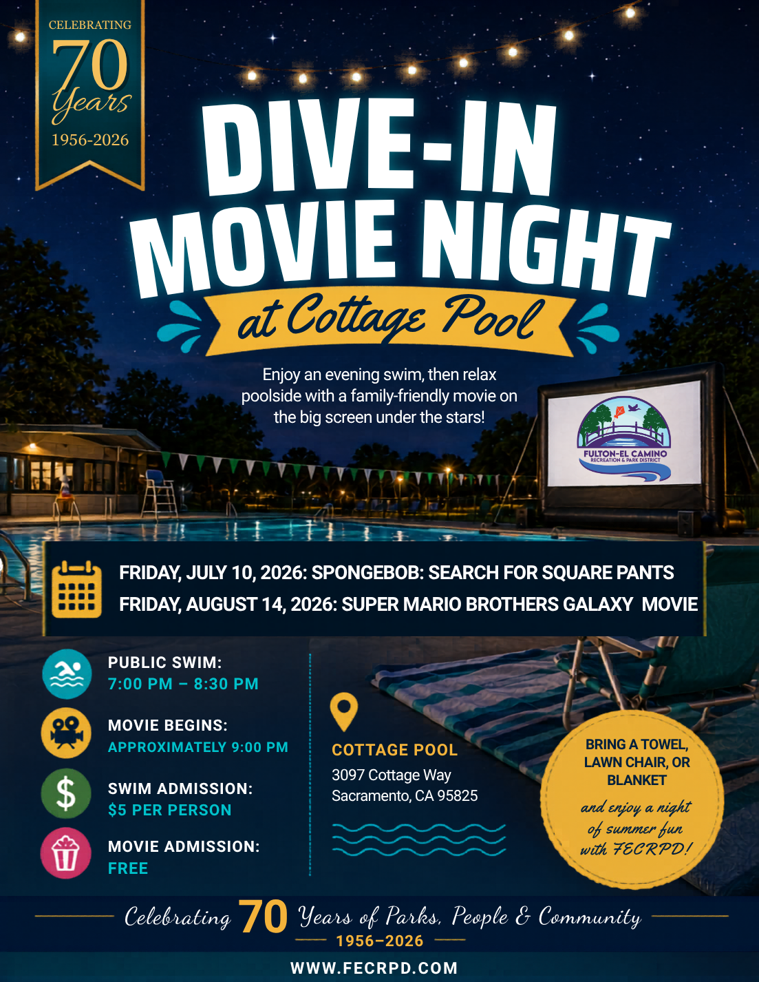 Dive-in Movie Night at Cottage Pool! Swim, then enjoy Spongebob (July 10) & Super Mario (Aug 14) movies. $5 swim, free admission!