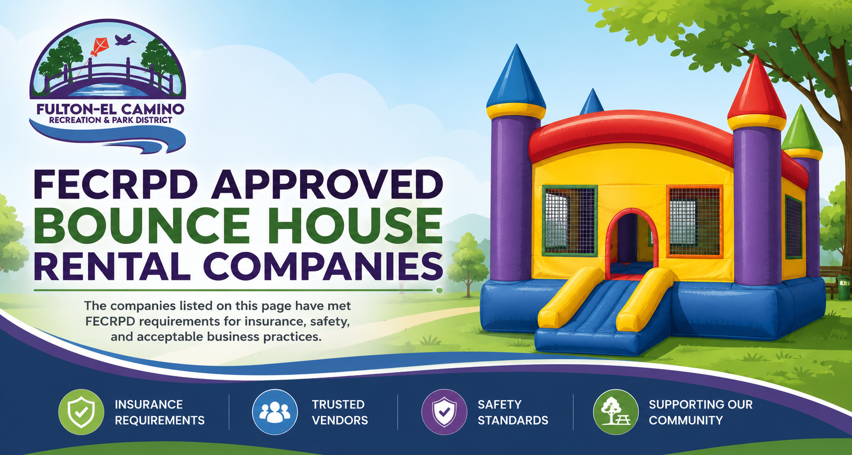 The image displays a colorful bounce house with text about FECRPD approved rental companies meeting safety and insurance standards.