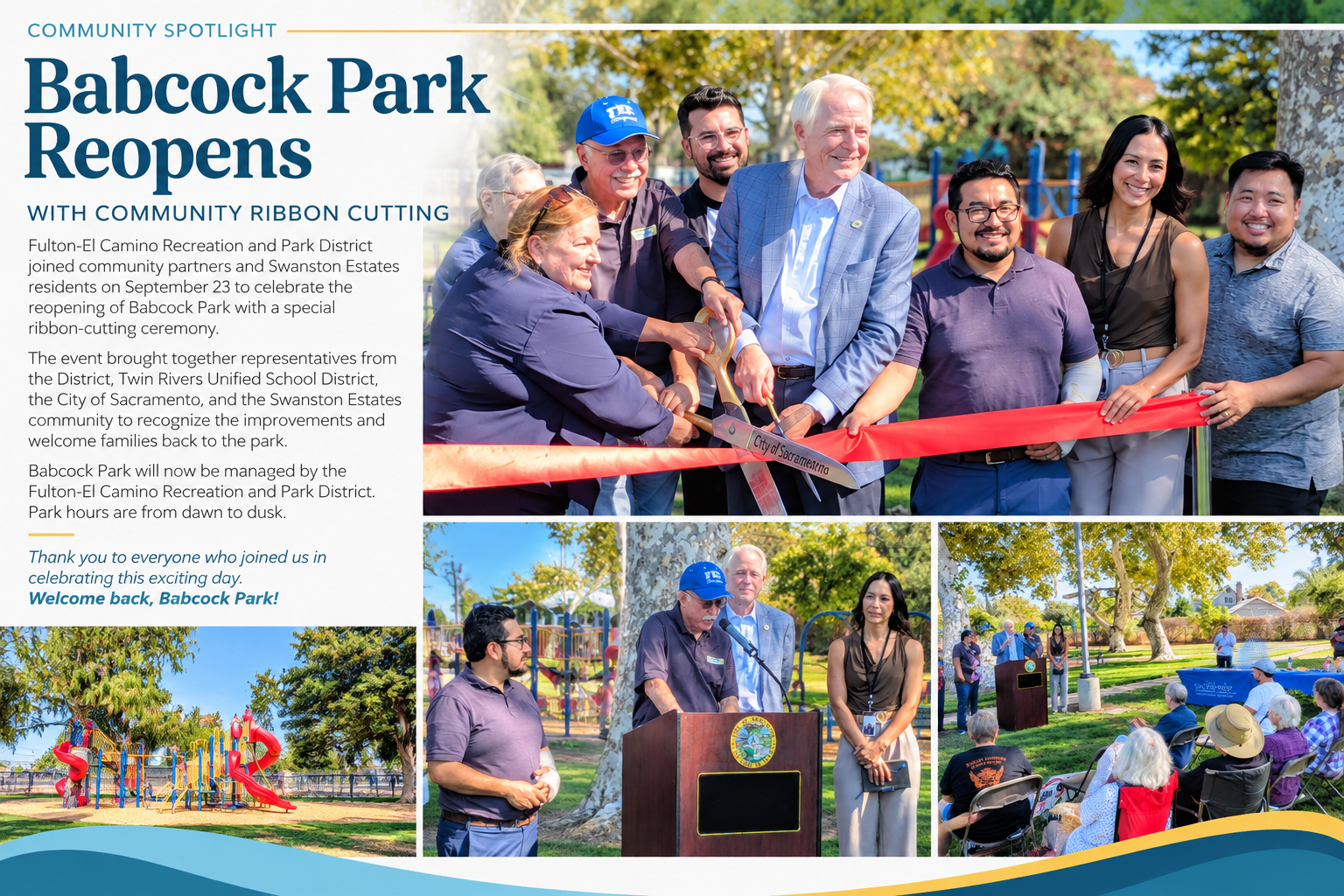 Babcock Park reopens with a ribbon-cutting ceremony, celebrating community collaboration and new management by Fulton-El Camino Park District.