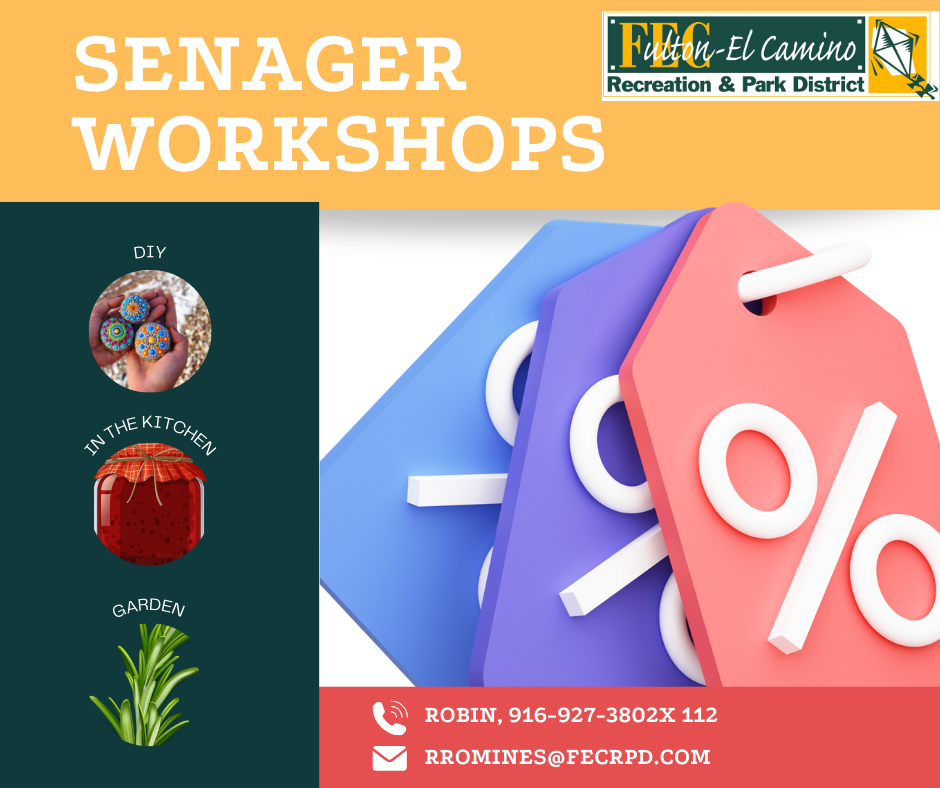 Graphic of 'Senager Workshops' with discount tags, DIY, cooking, and gardening icons; includes contact details.
