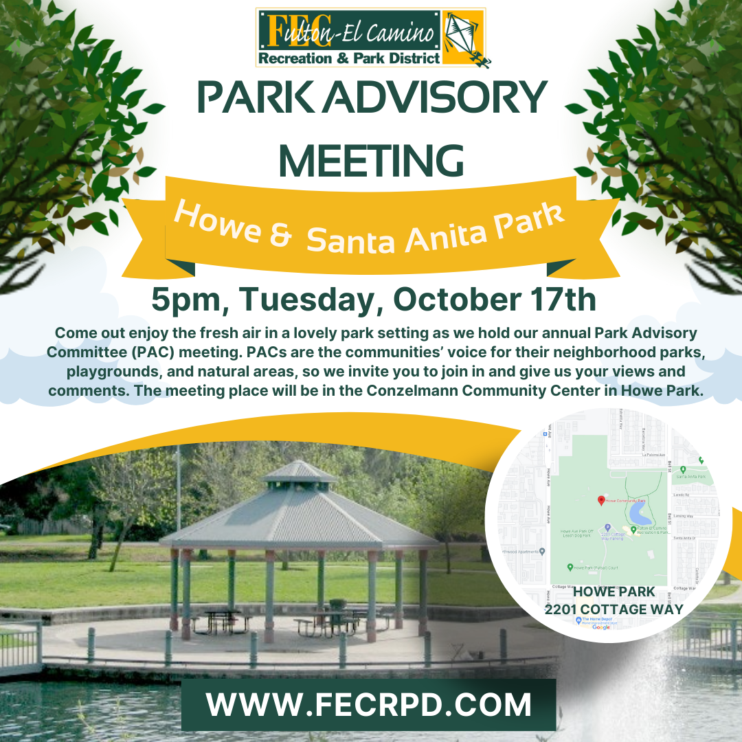 Park Advisory Meeting at Howe & Santa Anita Park on Oct 17, 5 PM. Join to share views on local parks. More info at www.fecrpd.com.