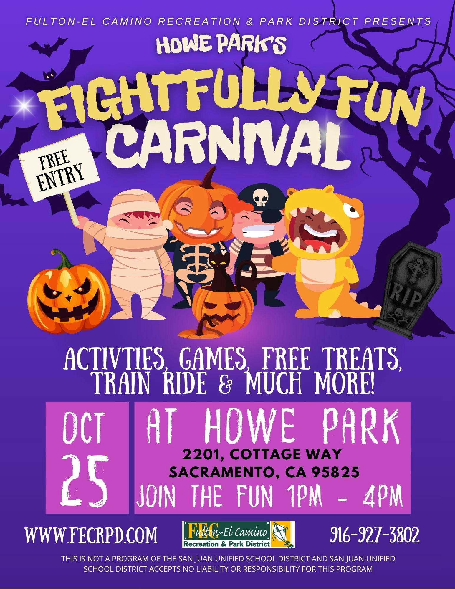 Howe Park's "Frightfully Fun Carnival" on Oct 25, 1-4 PM, Sacramento, CA. Free entry, activities, games, treats, and more.