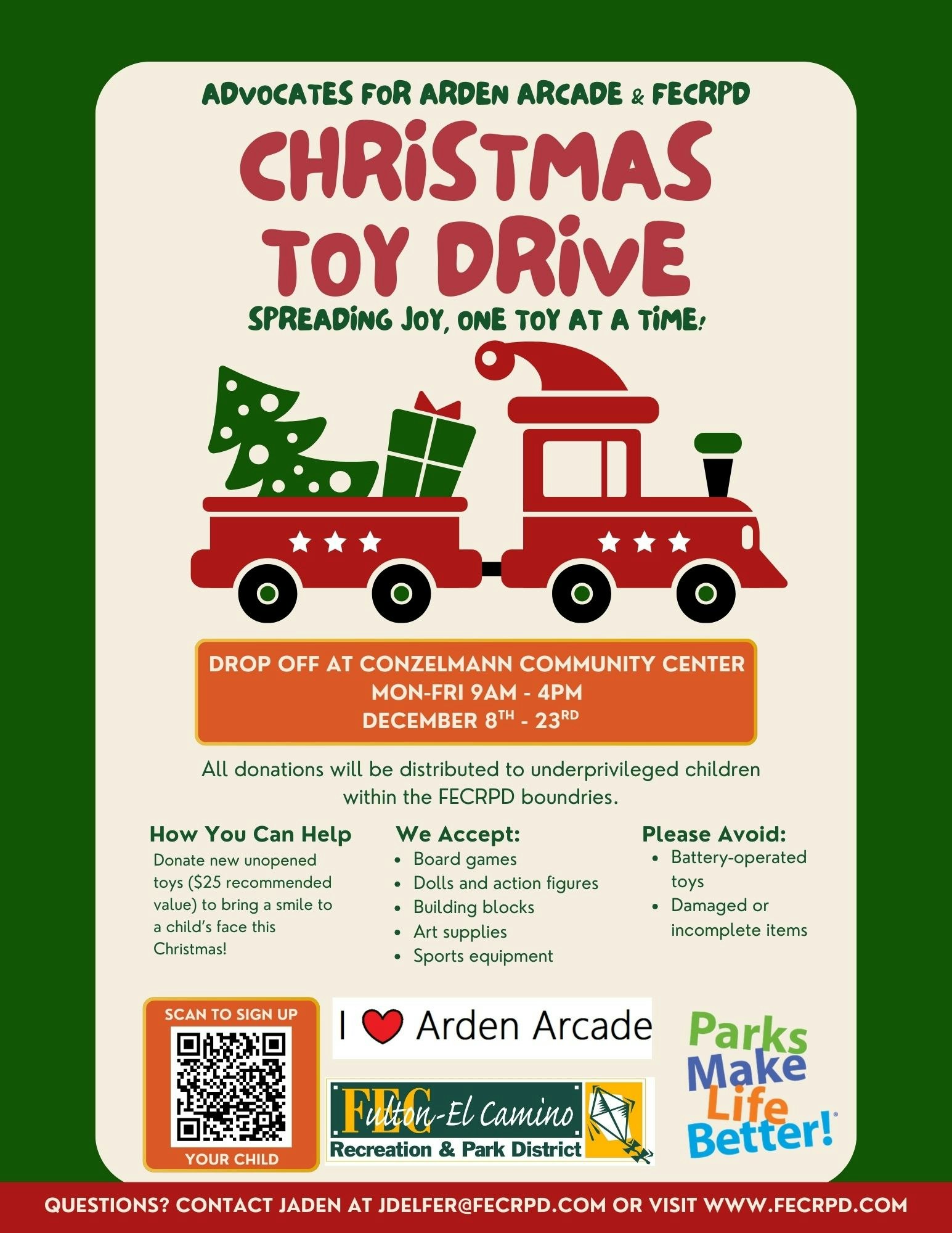 A Christmas Toy Drive in Arden Arcade, collecting new toys for underprivileged kids at Conzelmann Community Center, Dec 8-23.
