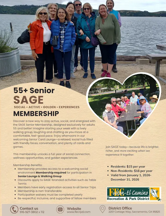 Info on SAGE Senior Membership for ages 55+, offering social activities, wellness opportunities, and connection for 2026.