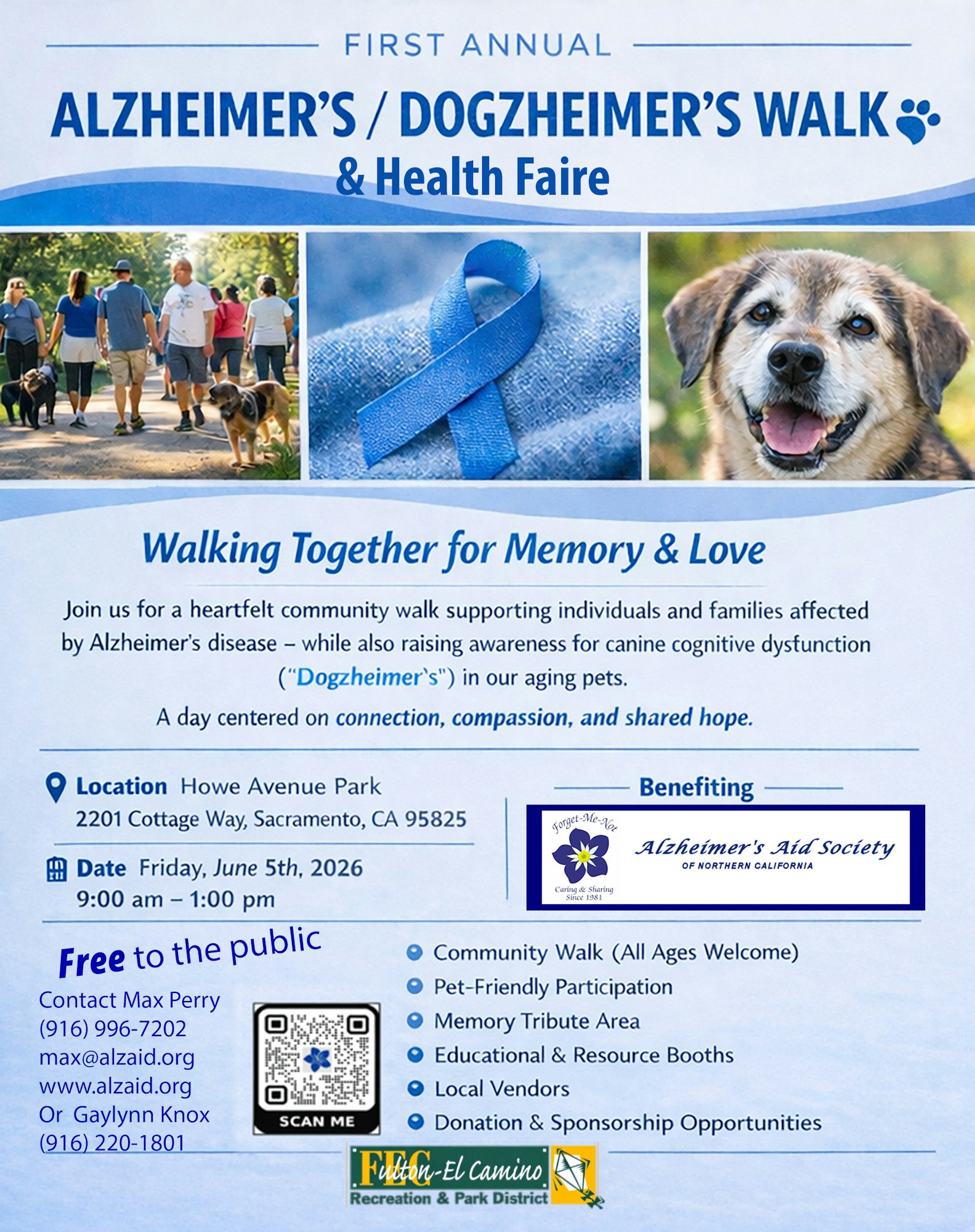 Join the first annual Alzheimer’s/Dogzheimer’s Walk on June 5, 2026, at Howe Avenue Park, Sacramento. Free, community-focused event!