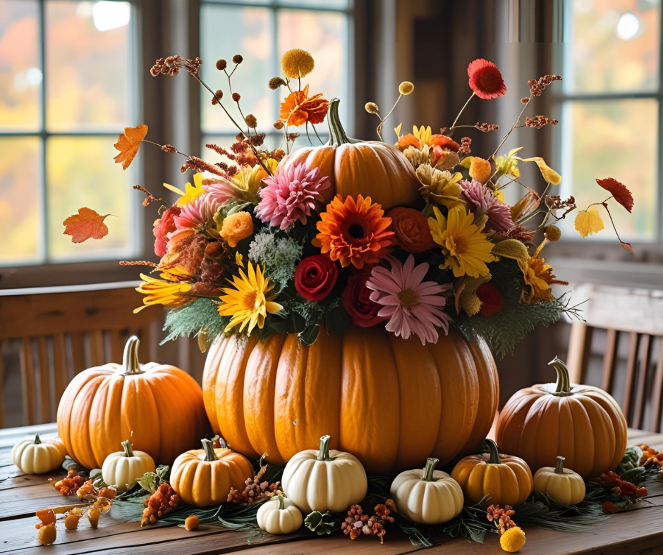 Pumpkins and vibrant autumn flowers arranged in a centerpiece on a wooden table.