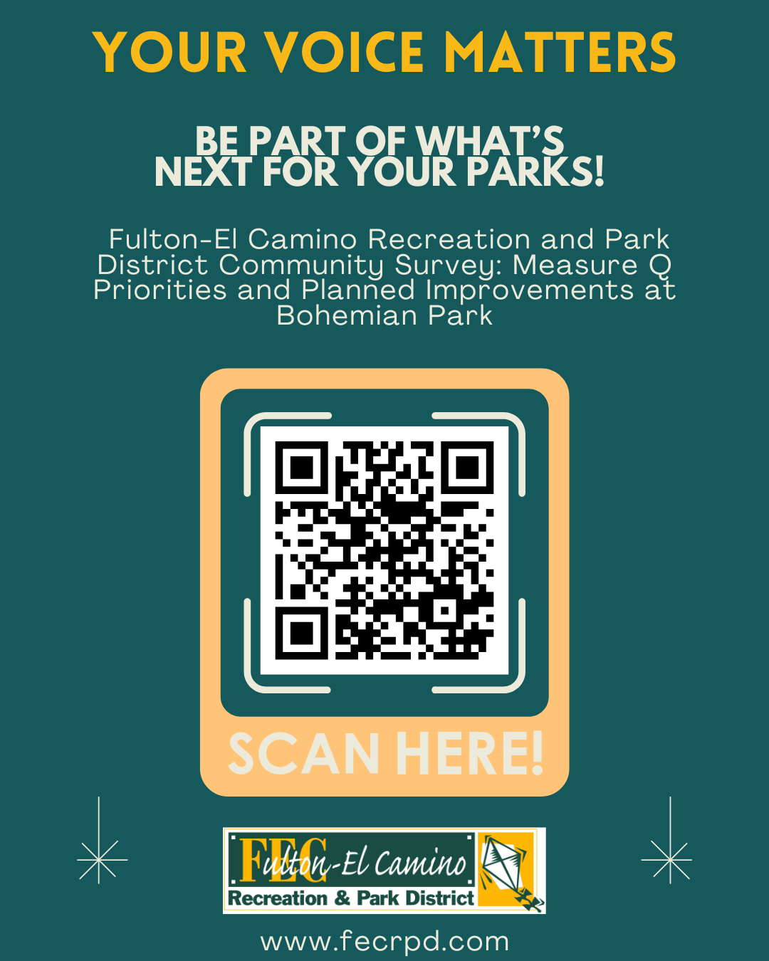 Community survey QR code for Fulton-El Camino Recreation and Park District. Priorities and improvements at Bohemian Park.