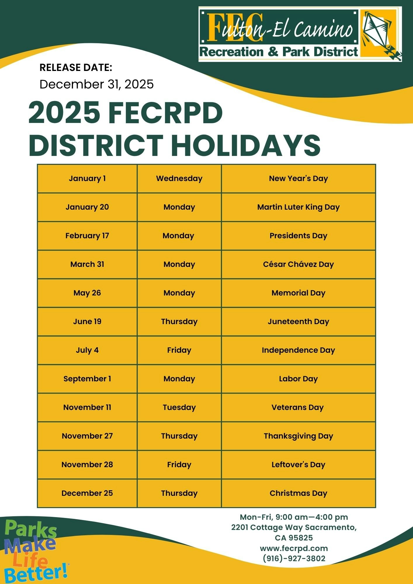 2025 Fulton-El Camino Recreation & Park District holidays list with dates and days of the week.