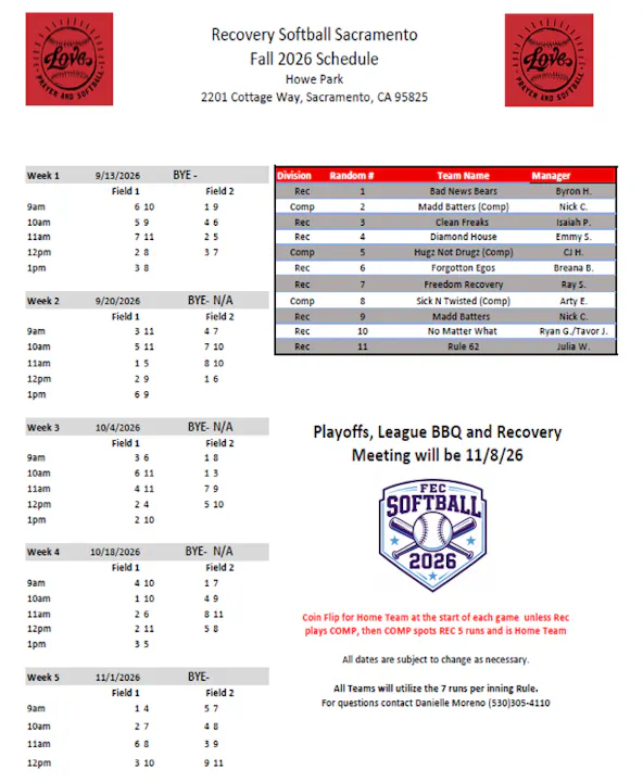 The image is a schedule for the Recovery Softball Sacramento Fall 2026 league, listing teams, matchups, and times.