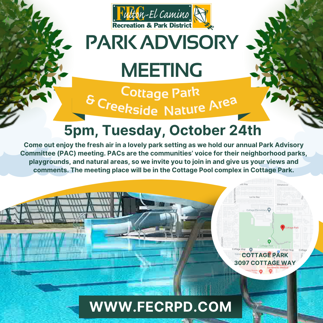 Park Advisory Meeting on Oct 24 at 5 PM, Cottage Park & Creekside Nature Area. Community input welcome! More info at fecrpd.com.