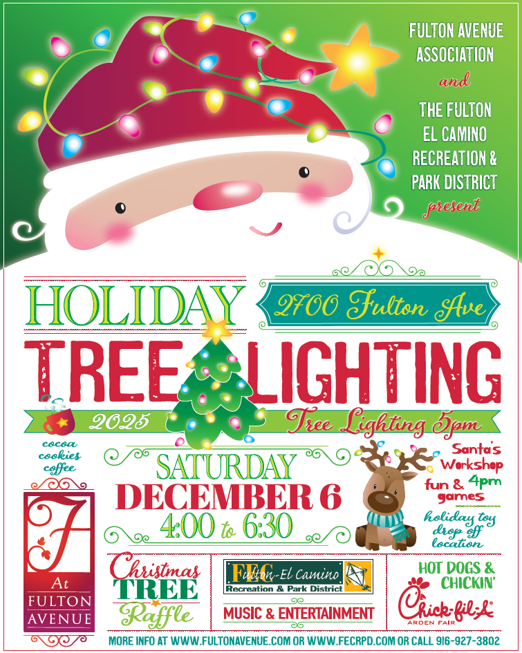 Holiday tree lighting event on Dec 6, 4-6:30 PM at 2700 Fulton Ave. Includes music, entertainment, and Santa's workshop.