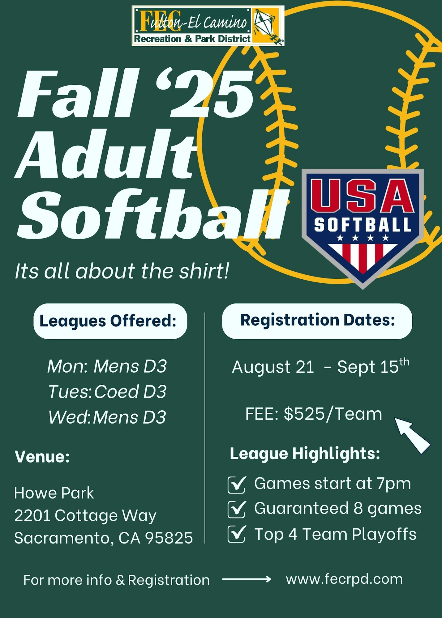 Fall '25 Adult Softball registration details, venue, and league info by Fulton-El Camino Recreation & Park District.