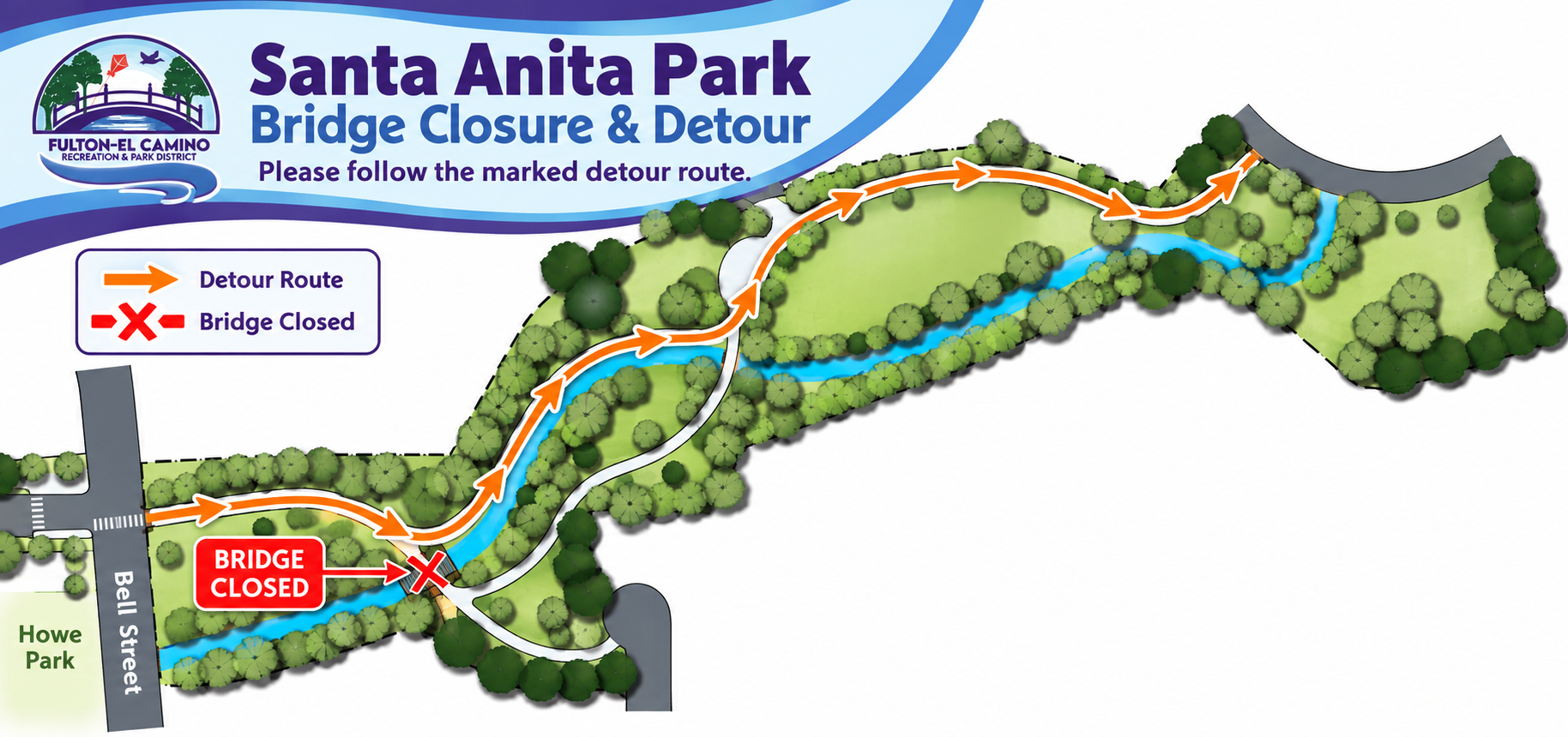Map of Santa Anita Park showing a closed bridge and marked detour route.