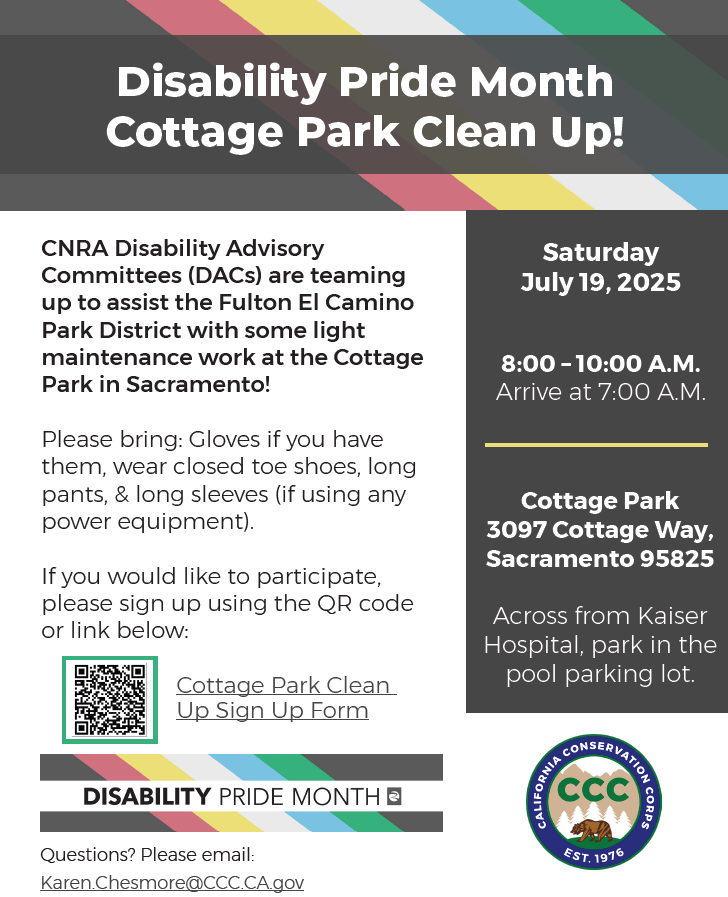 Disability Pride Month cleanup at Cottage Park, Sacramento on July 19, 2025, 8-10 a.m. Volunteers sign up via link.