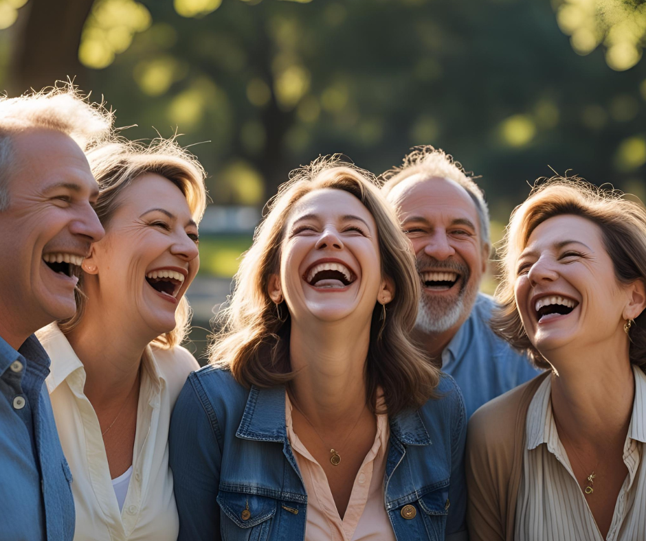 Five people outdoors, smiling and laughing cheerfully.
