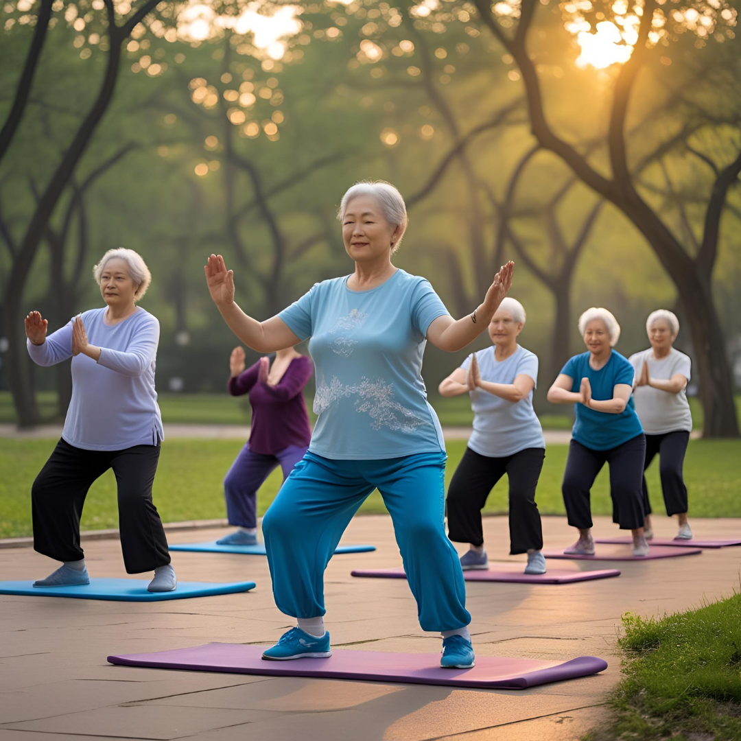 A group of elderly women practicing tai chi on mats in a park during sunrise.