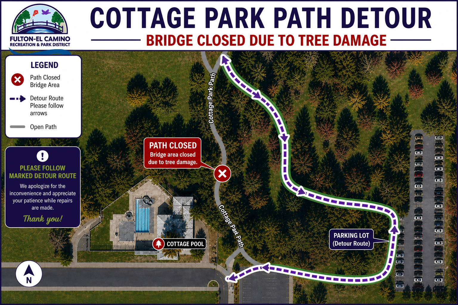 Cottage Park path detour due to closed bridge from tree damage. Follow marked detour route to navigate around the area.